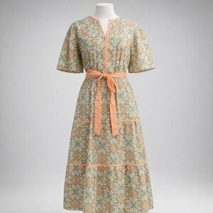 &Merci Boho Midi Dress Floral Cotton Tie Waist | Size Large‎ NWT Pockets